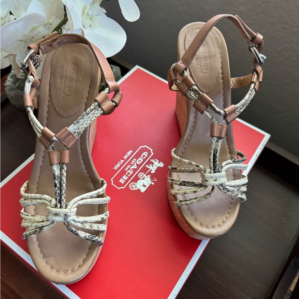 Coach Brown and Tan Wedge Sandals with Braided Straps
